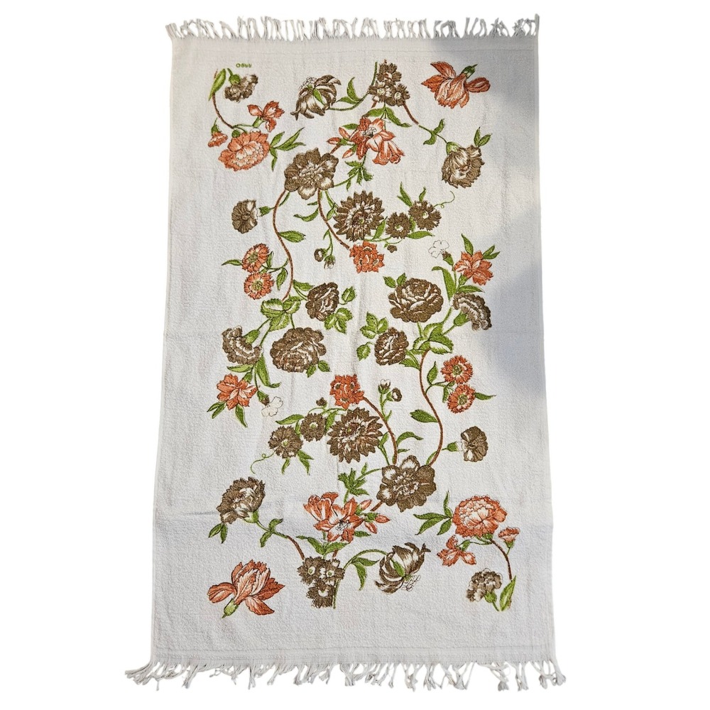 Vtg JCPenney Floral Hand Towel Fringed White Orange Brown 70s Retro USA Made NWT